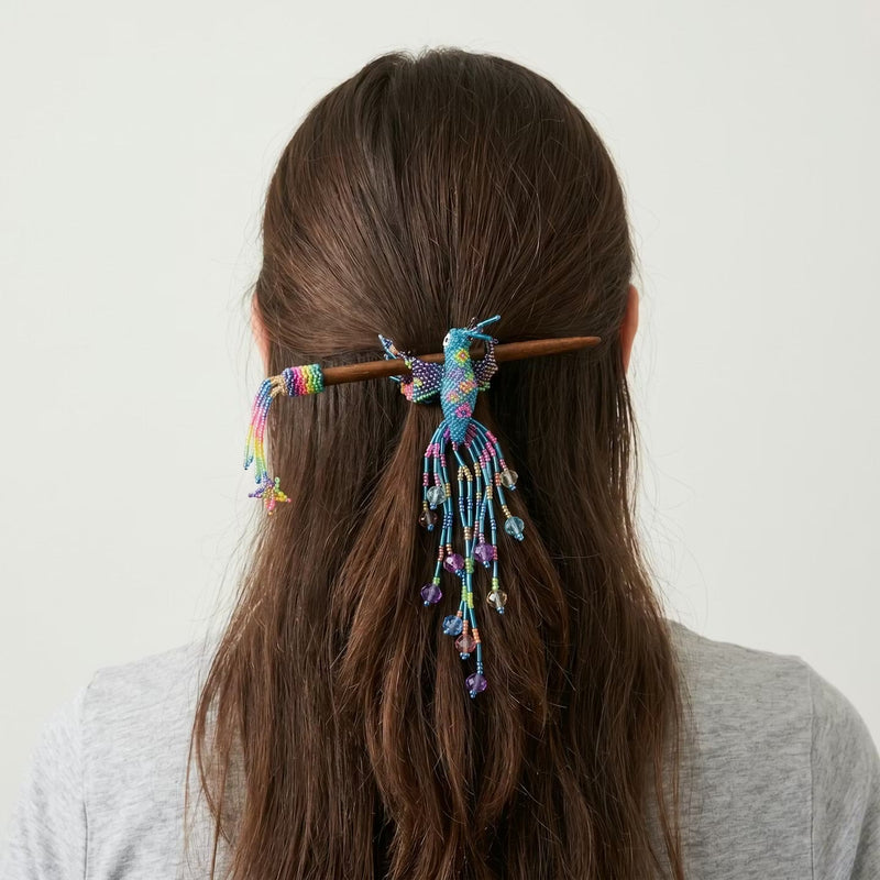 Blue Hummingbird Beaded Hair Stick-3