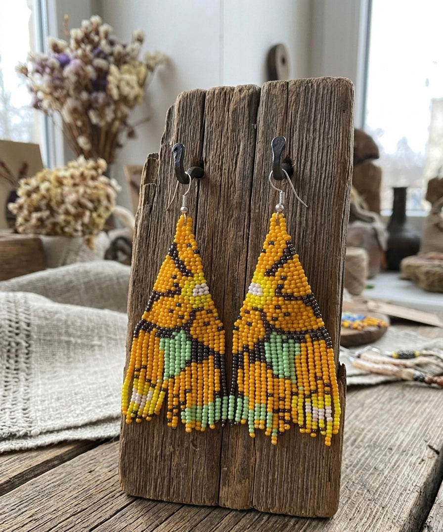 Flower Fringe Beaded Earrings (Mustard)-5
