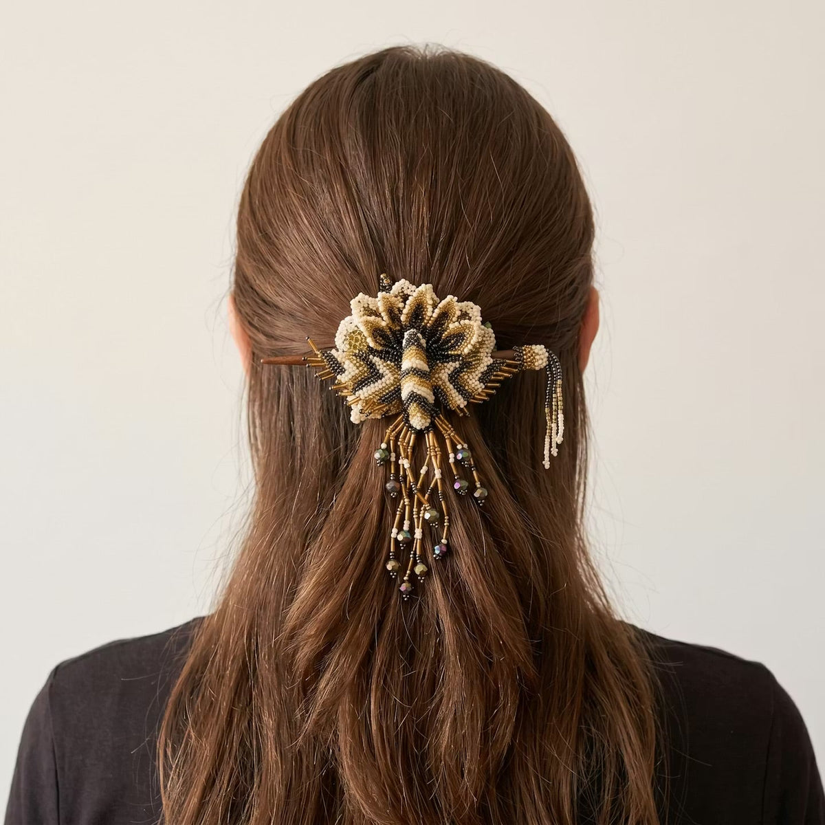 Maple Blossom Hummingbird Beaded Hair Stick Barrette White-4