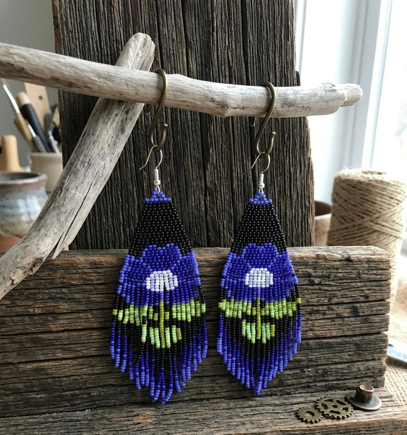 Flower Beaded Earrings ( Blue )-5