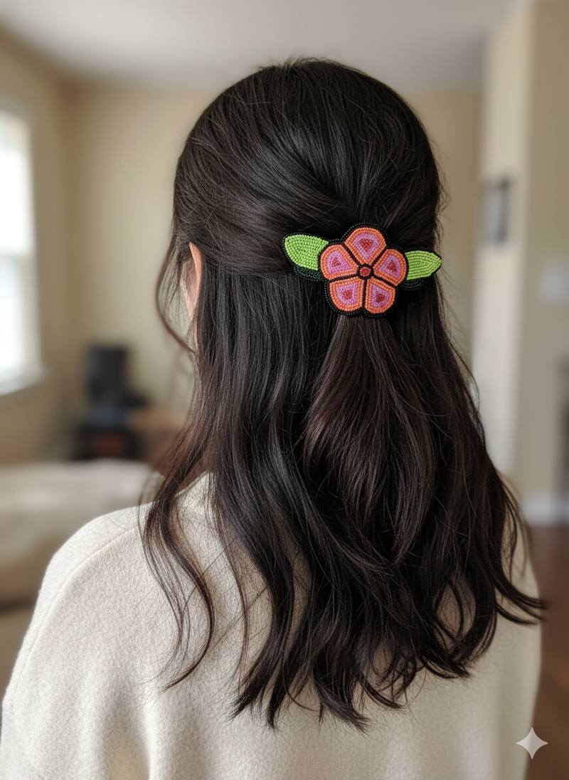 Peach Beaded Flower Barrette-2