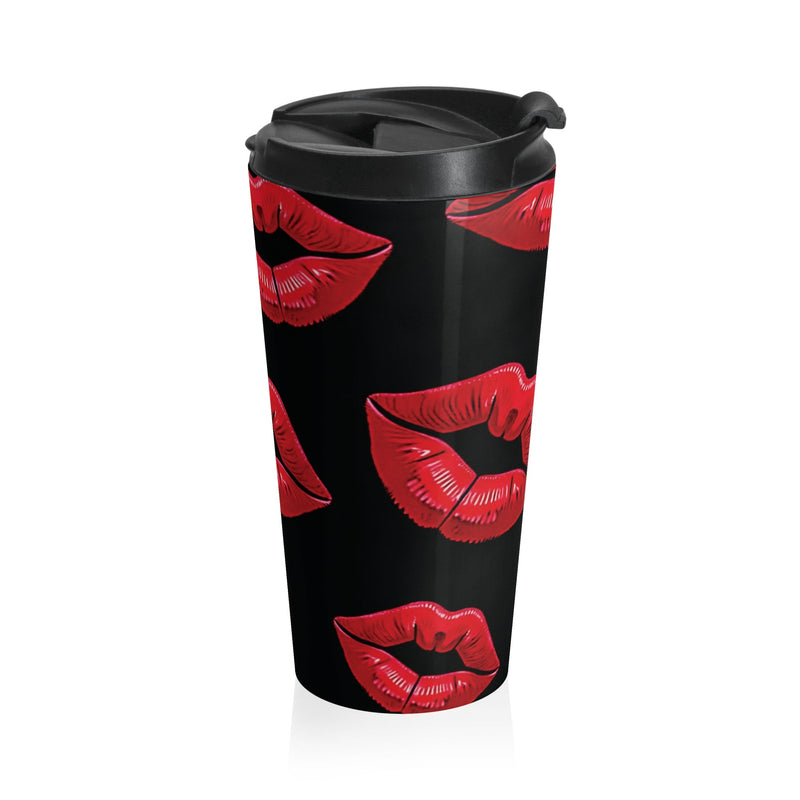 Red Lipstick Kiss Pattern Travel Mug | Black Stainless Steel-8