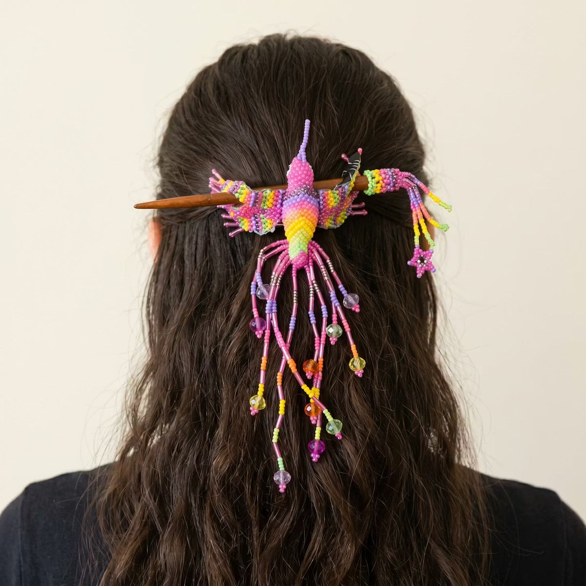 Pink Hummingbird Beaded Hair Stick-2