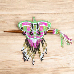 Pink and Green Wooden Stick Butterfly Beaded Barrette with Fringes-2
