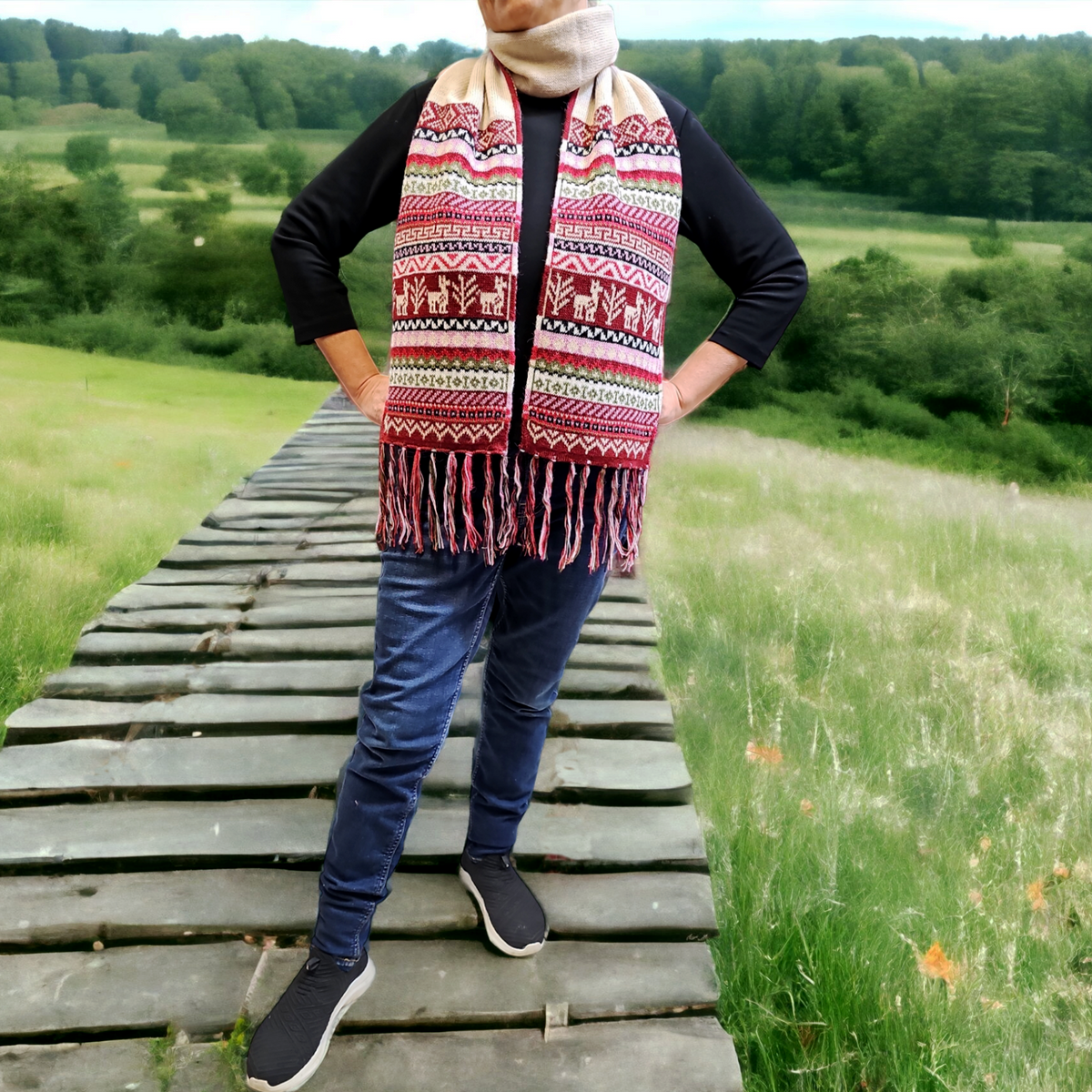 Burgundy and Beige Handmade Reversible Alpaca Scarf-2