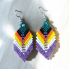 Green and light purple Beaded Feather Drop Earrings-1