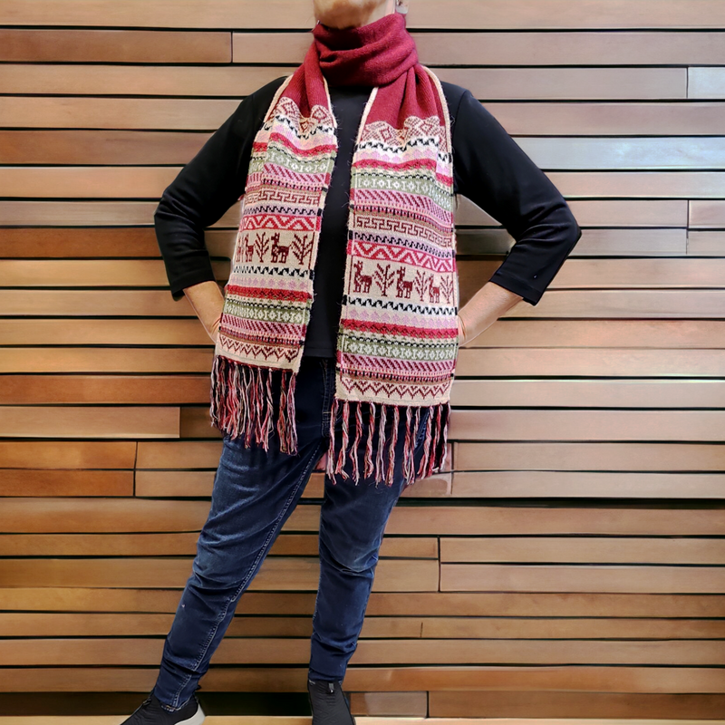 Burgundy and Beige Handmade Reversible Alpaca Scarf-3