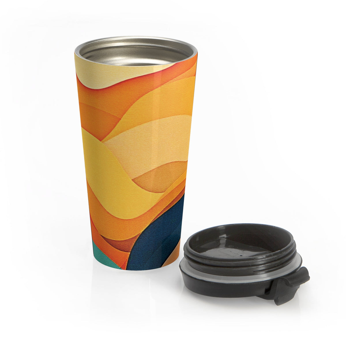 Sunset Waves Stainless Steel Travel Mug — Abstract Retro Orange & Yellow Design-7
