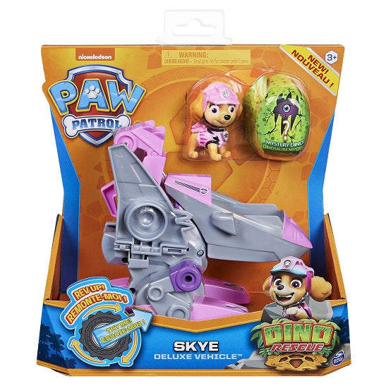 PAW Patrol Dino Rescue Vehículo de lujo de Skye con figura de dinosaurio misterioso (UPC: 778988305492)