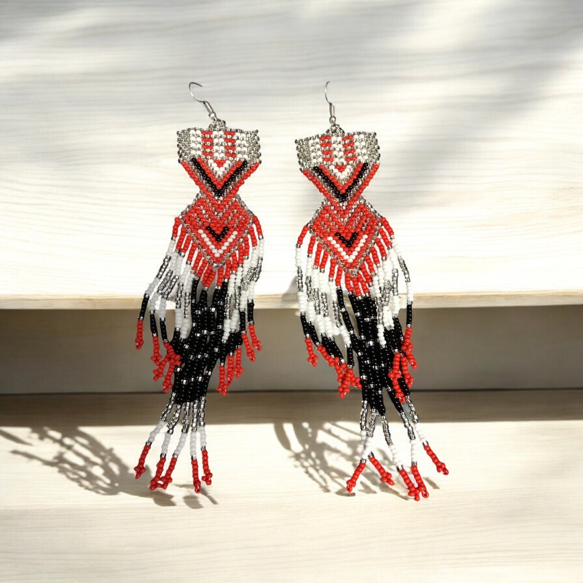 Silver and Red Sunset Path Beaded Earrings