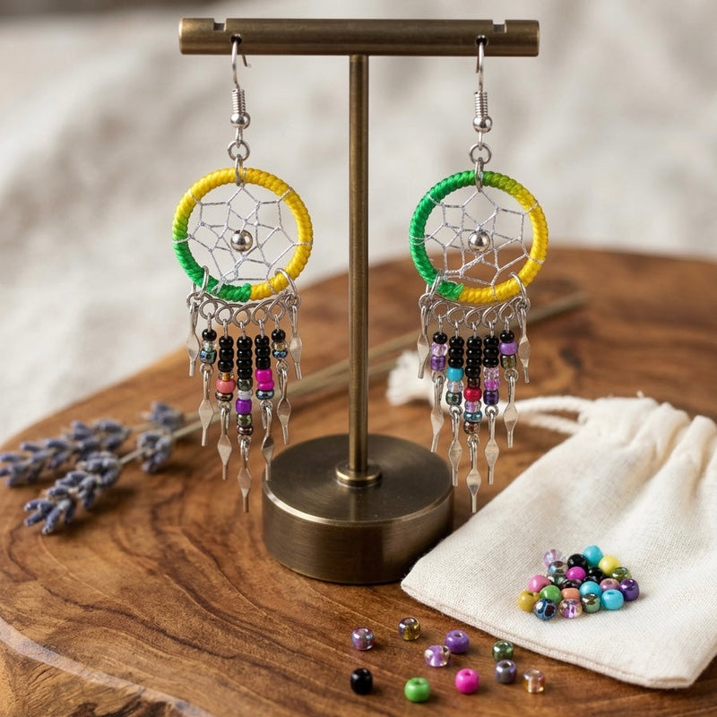 Yellow/greenBeaded Dreamcatcher earrings-1