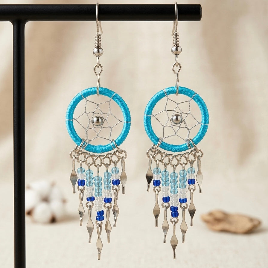 Blue /white Beaded Dreamcatcher earrings