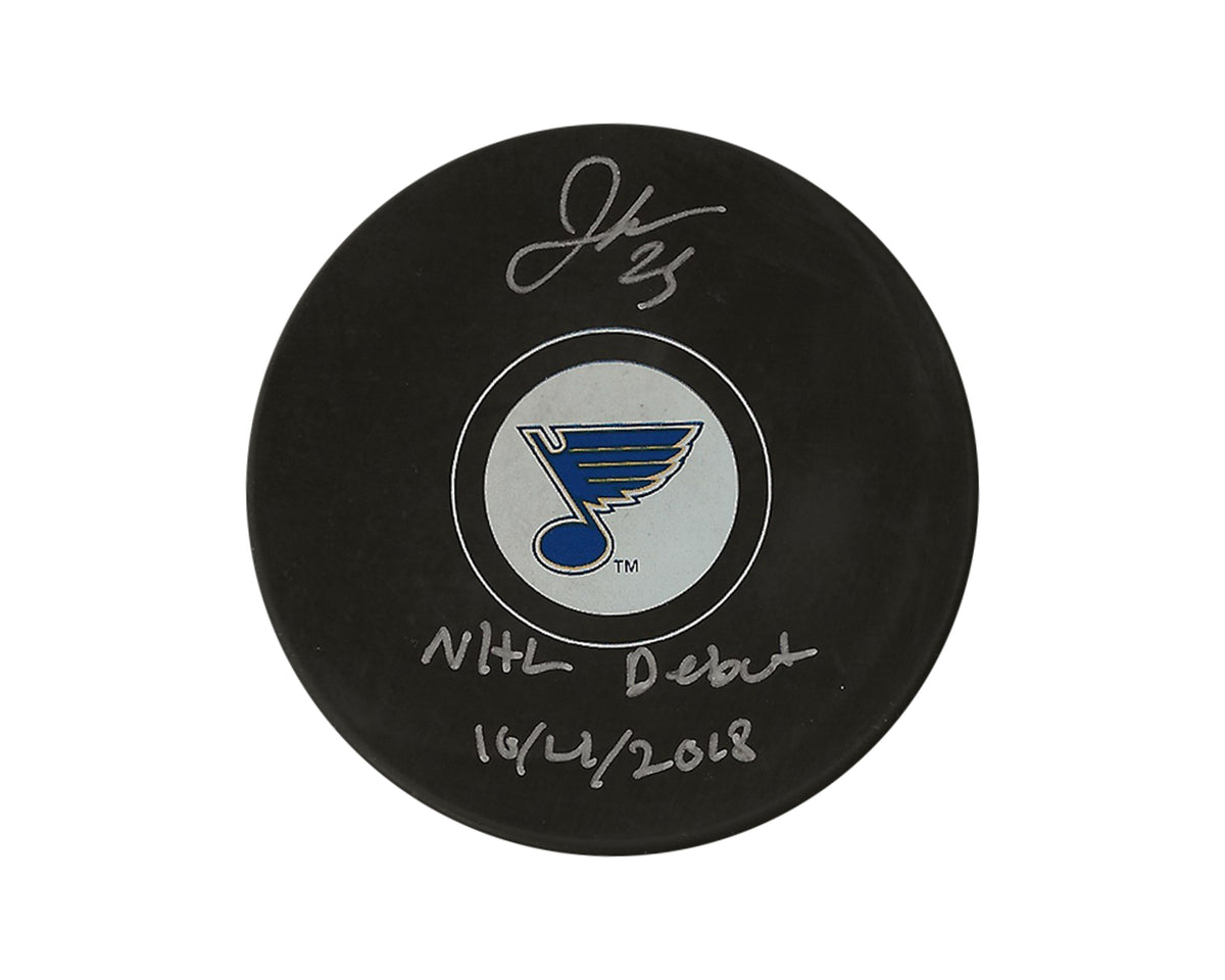Jordan Kyrou Autographed St. Louis Blues Autograph Model Puck Inscribed "NHL Debut 10/4/2018"-1
