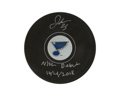 Jordan Kyrou Autographed St. Louis Blues Autograph Model Puck Inscribed "NHL Debut 10/4/2018"-1