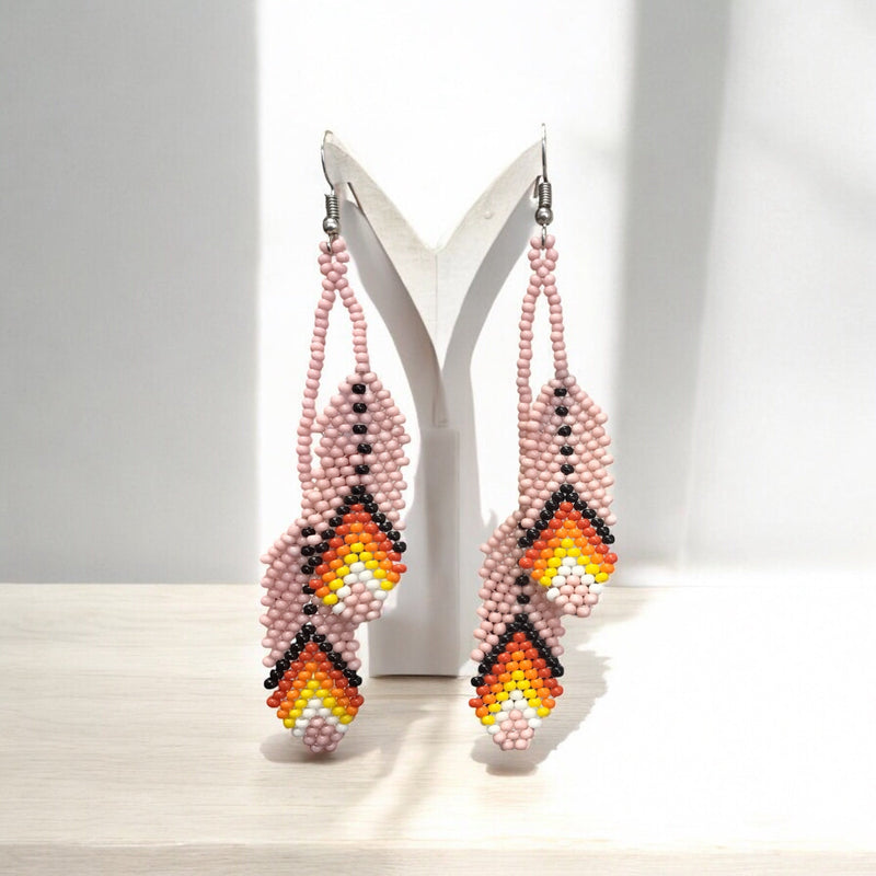 lights pink Beaded Feather Earrings-2