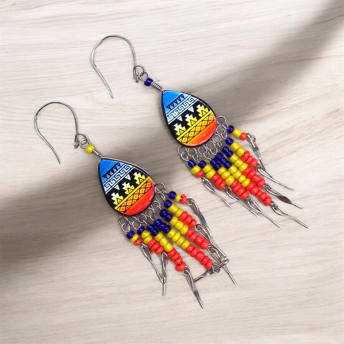Small Sized Southwestern Yellow and Blue Teardrop Earrings-2