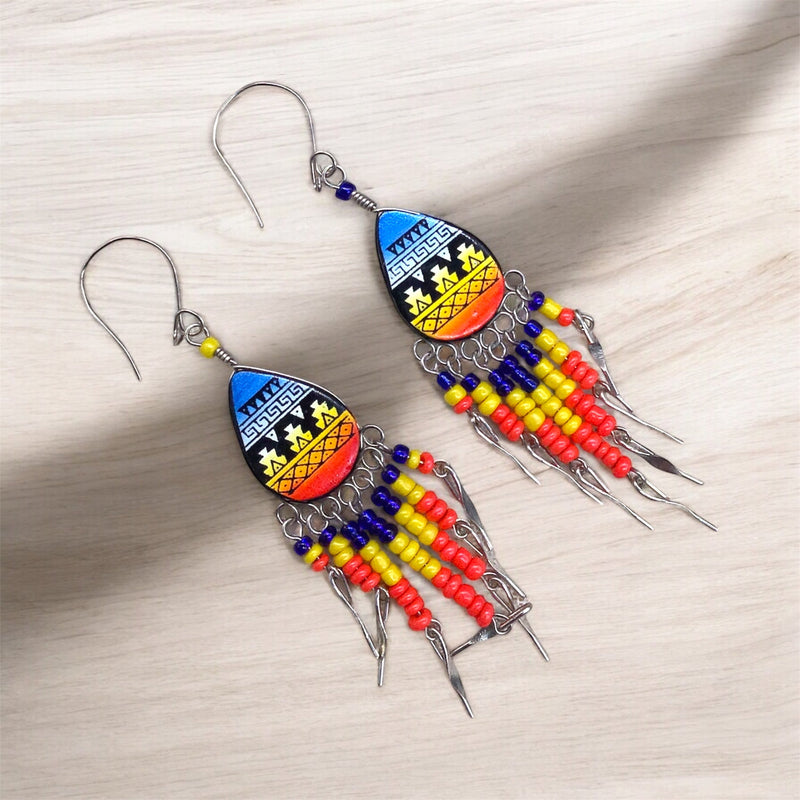 Small Sized Southwestern Yellow and Blue Teardrop Earrings-2
