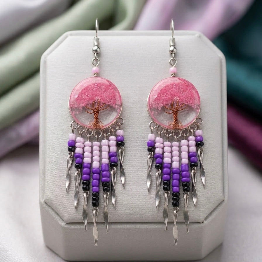 Tree of life Crushed Chip Stone Pink Earrings