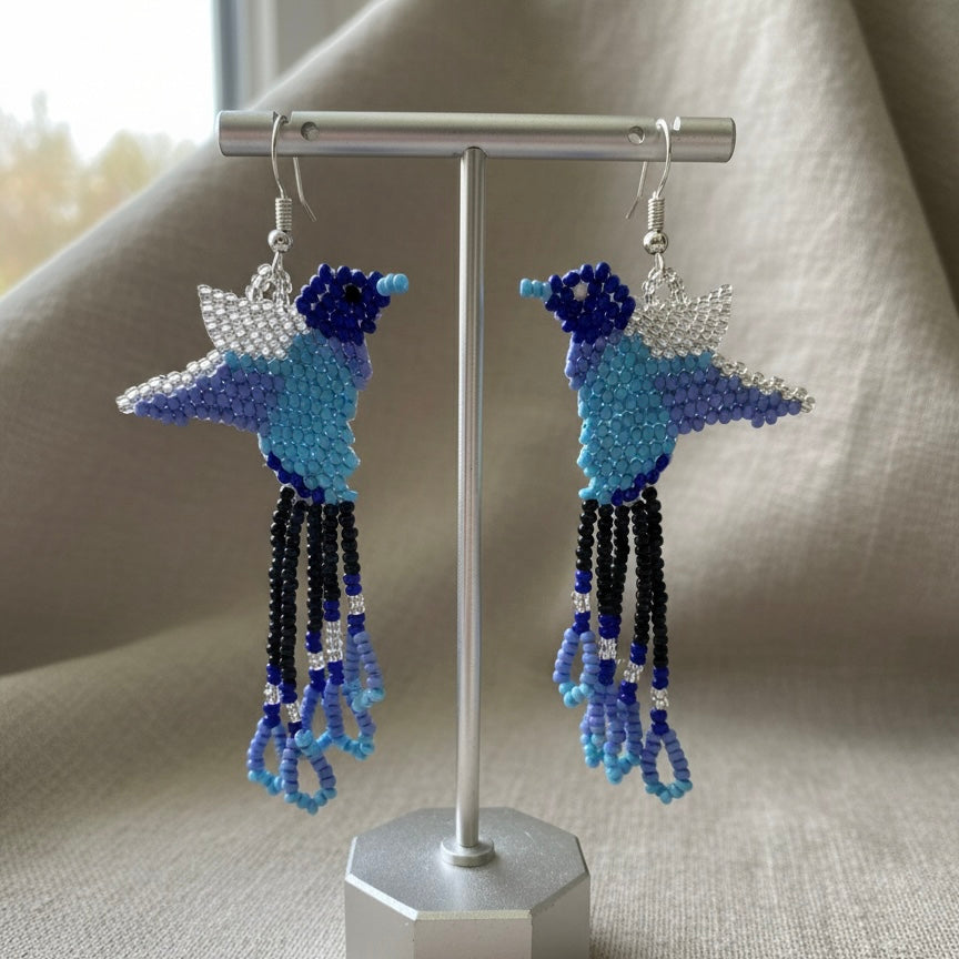 Handmade Beaded Hummingbird Earrings – Turquoise & Black-2