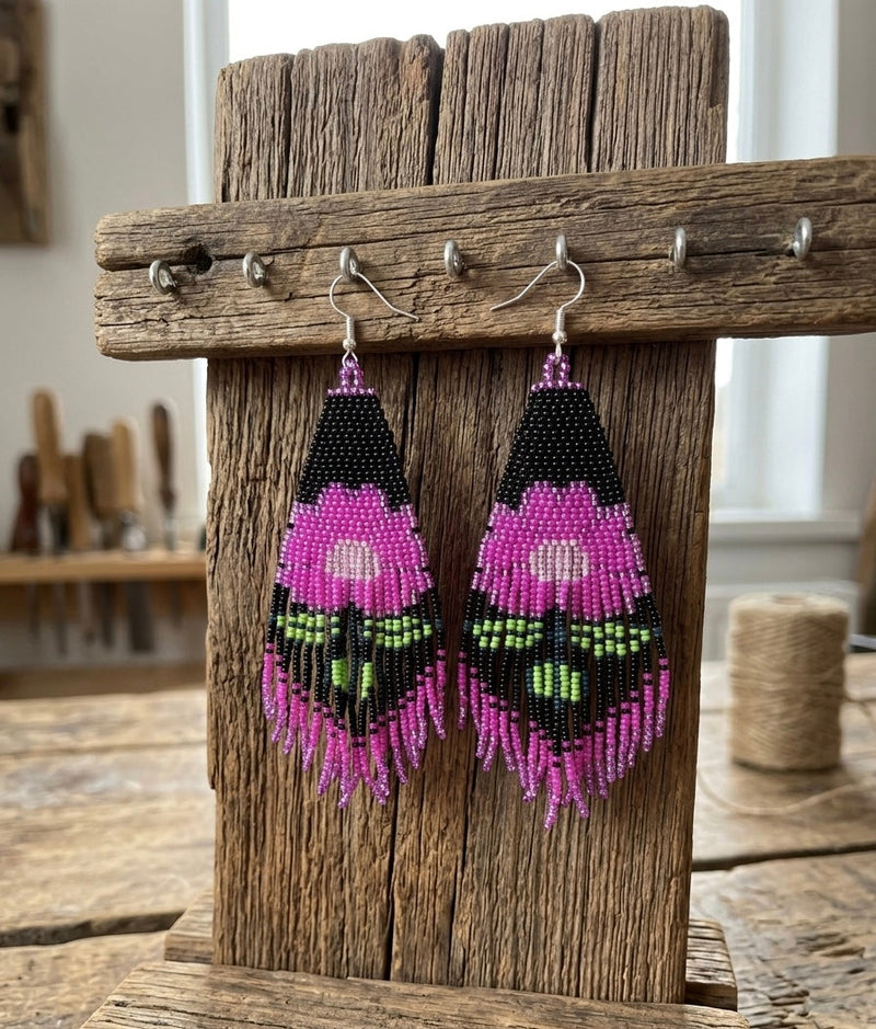 Flower Beaded Earrings ( Pink )-4