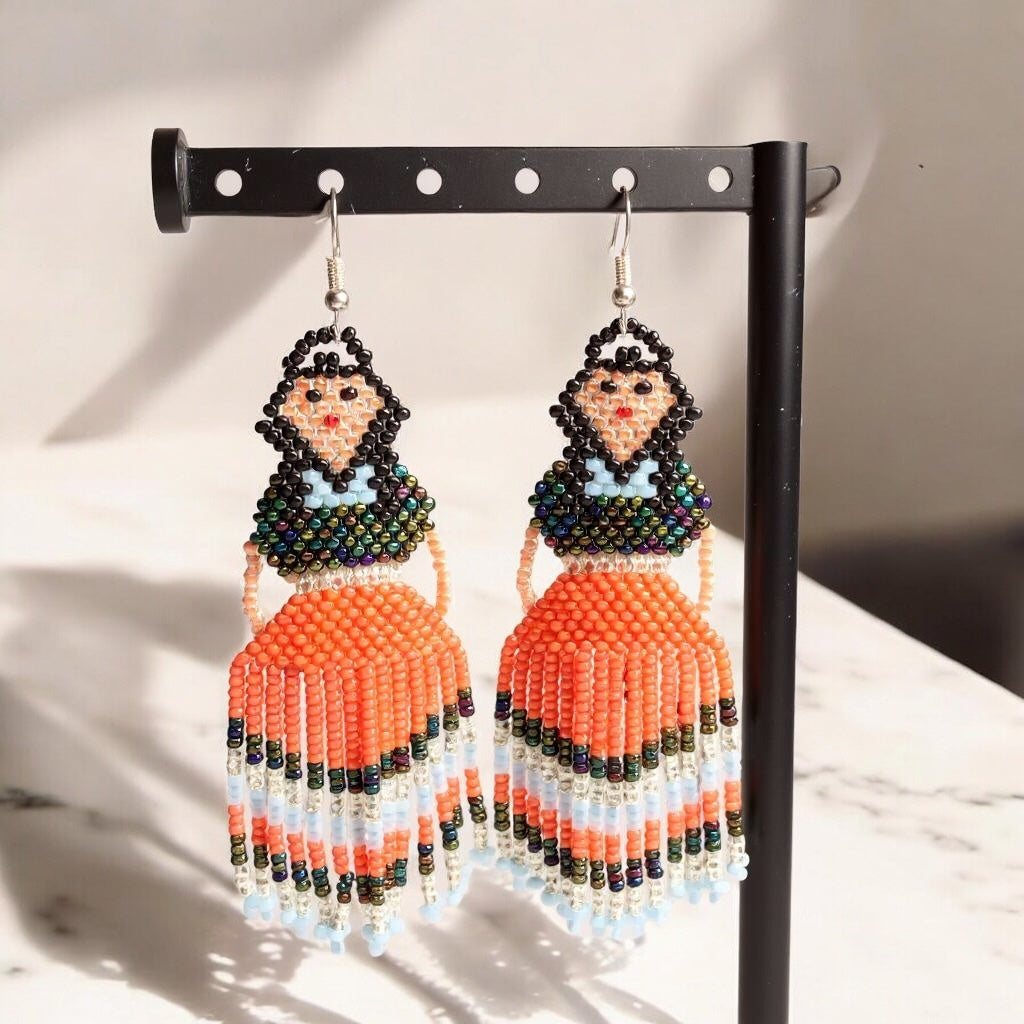 Orange Blue Beaded Ribbon Skirt Dancer Earrings-1