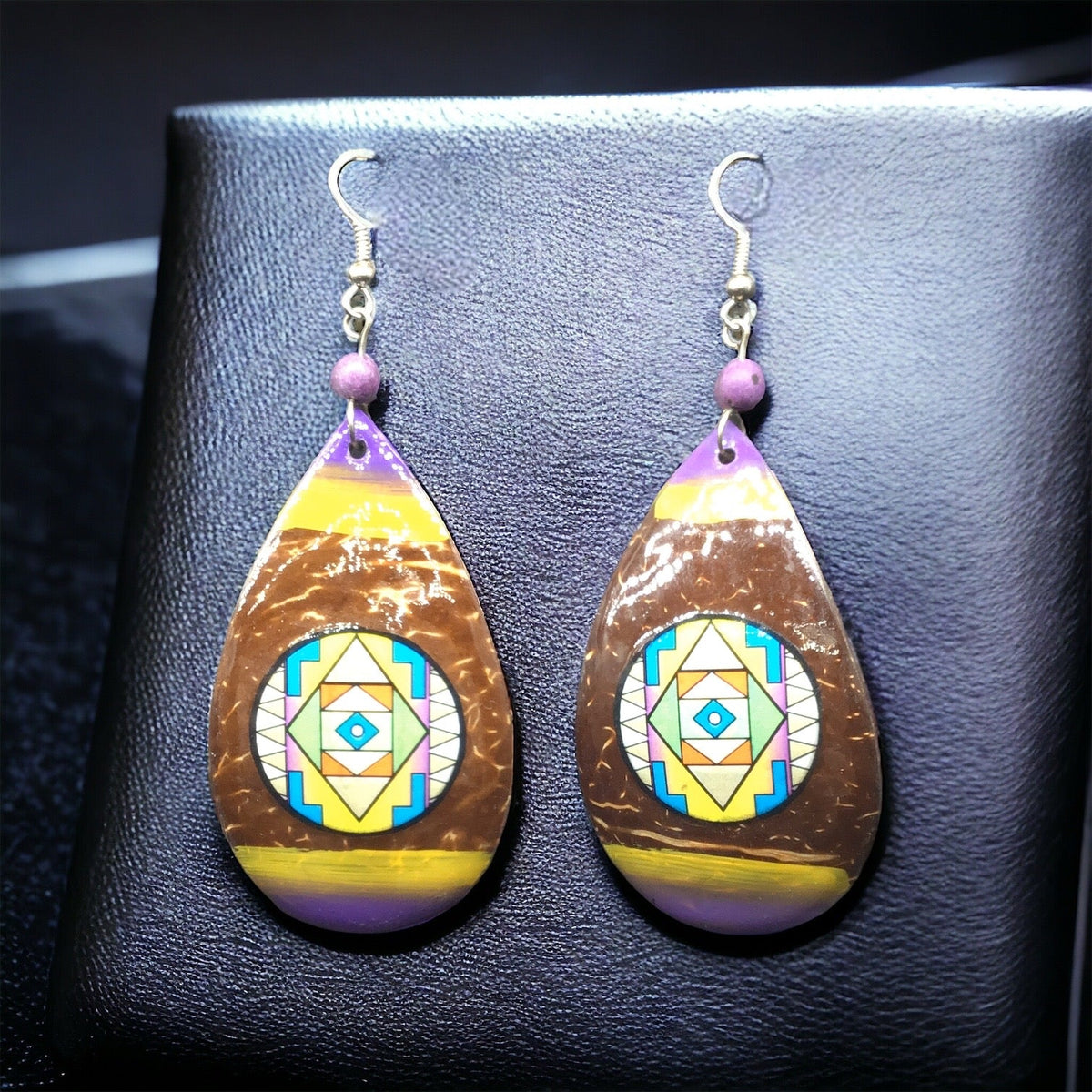 Wood Painted Yellow and Purple Round Earrings