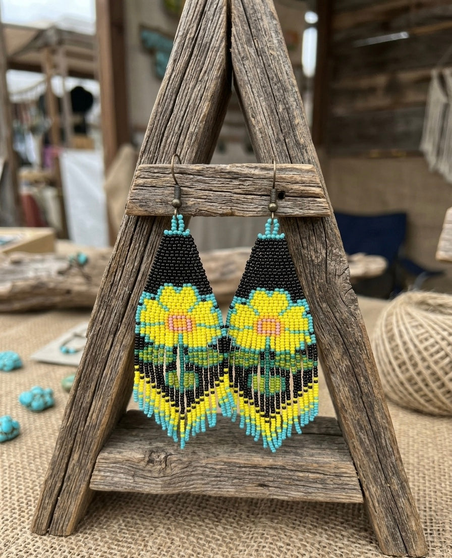Flower Beaded Earrings ( Yellow )-8
