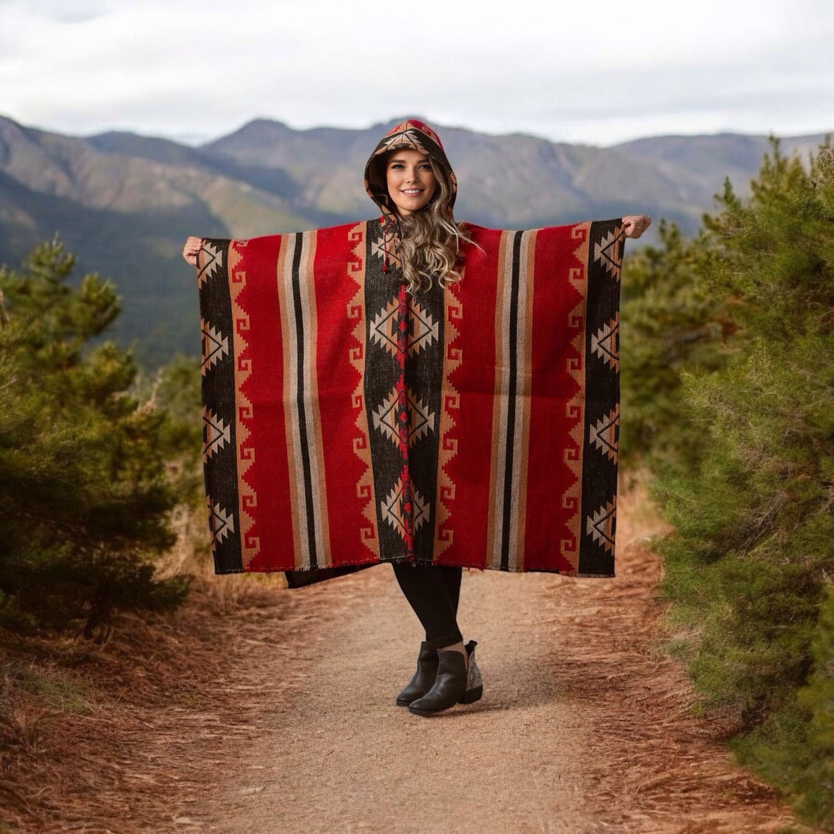 Red Pure Llama wool Ponchos-3
