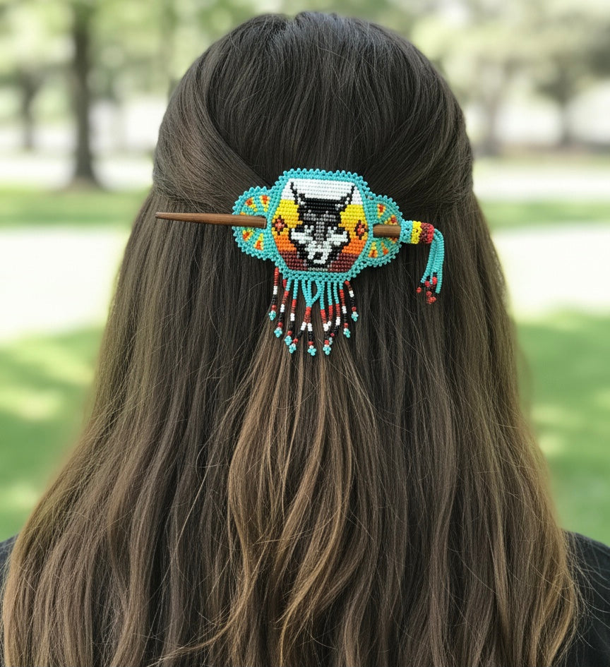 Wolf Fringed Beaded Barrette & Wooden Stick-8