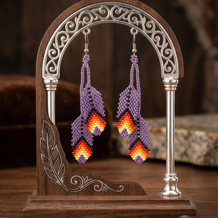 Purple Beaded Feather Earrings-1