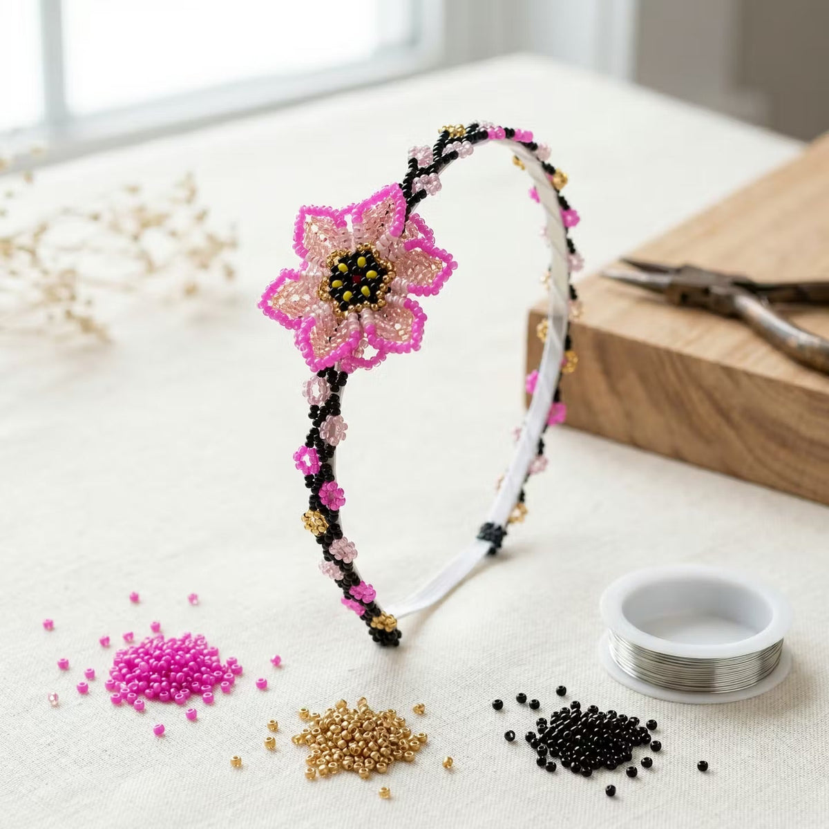 Beaded Headband with Flower Pink-5