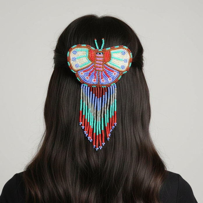 Butterfly Beaded Barrettes with Fringes White& Purple-1