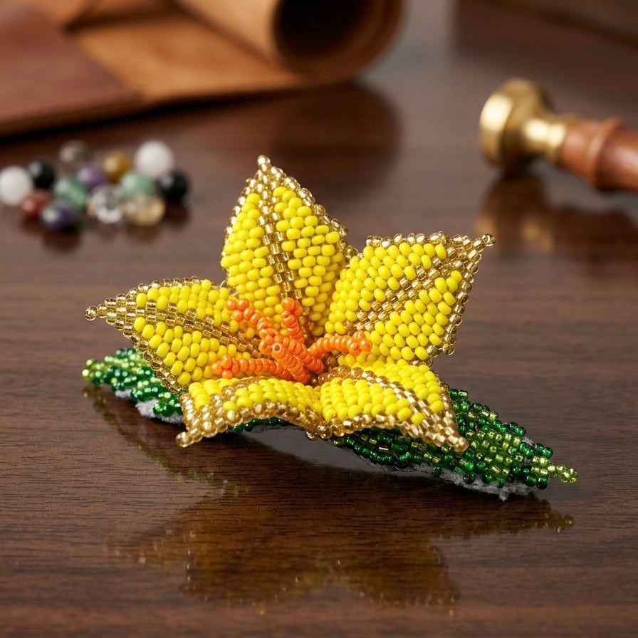 Yellow Ember Bloom Beaded Hair Barrette-1