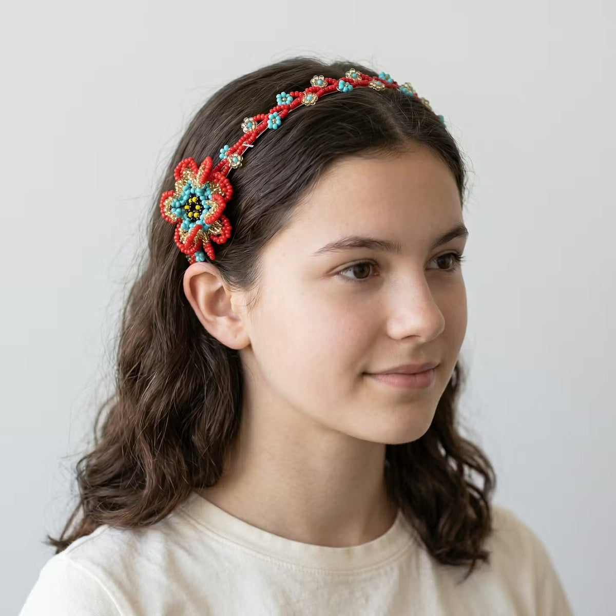 Beaded Headband with Flower Red-4