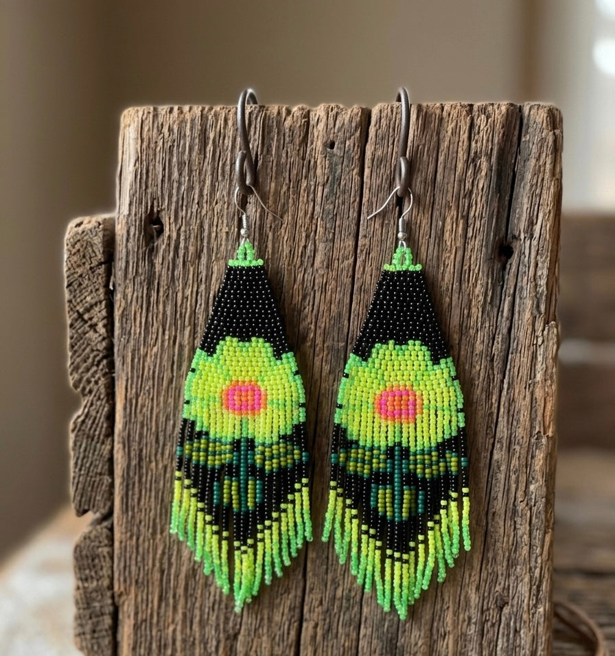 Flower Beaded Earrings ( Green )-1