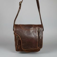 Premium Genuine Leather Messenger Bag. Distressed Brown Crossbody with Multiple Zippered Pockets-1