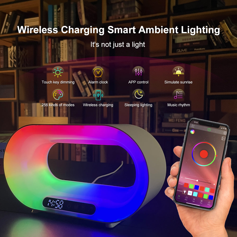 Multi-function 3 In 1 LED Night Light APP Control RGB Atmosphere Desk Lamp Smart Multifunctional Wireless Charger Alarm Clock-7