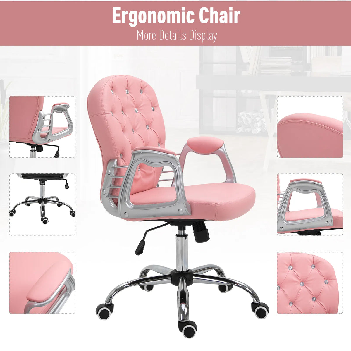 Pink Office Chair – Adjustable Height Computer Desk Chair with Tufted Back (United States & Canada Delivery Only)-6