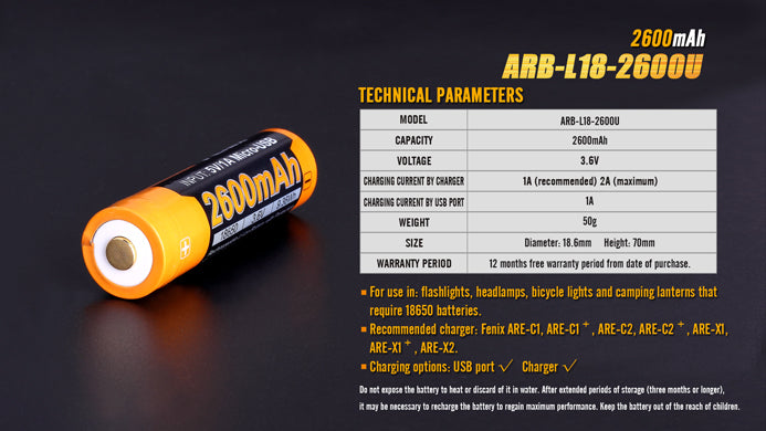 Fenix ARB-L18-2600U USB Rechargeable Li-ion 18650 Battery-3