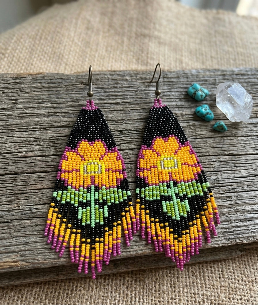 Flower Beaded Earrings ( Yellow )-7