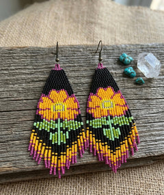 Flower Beaded Earrings ( Yellow )-7