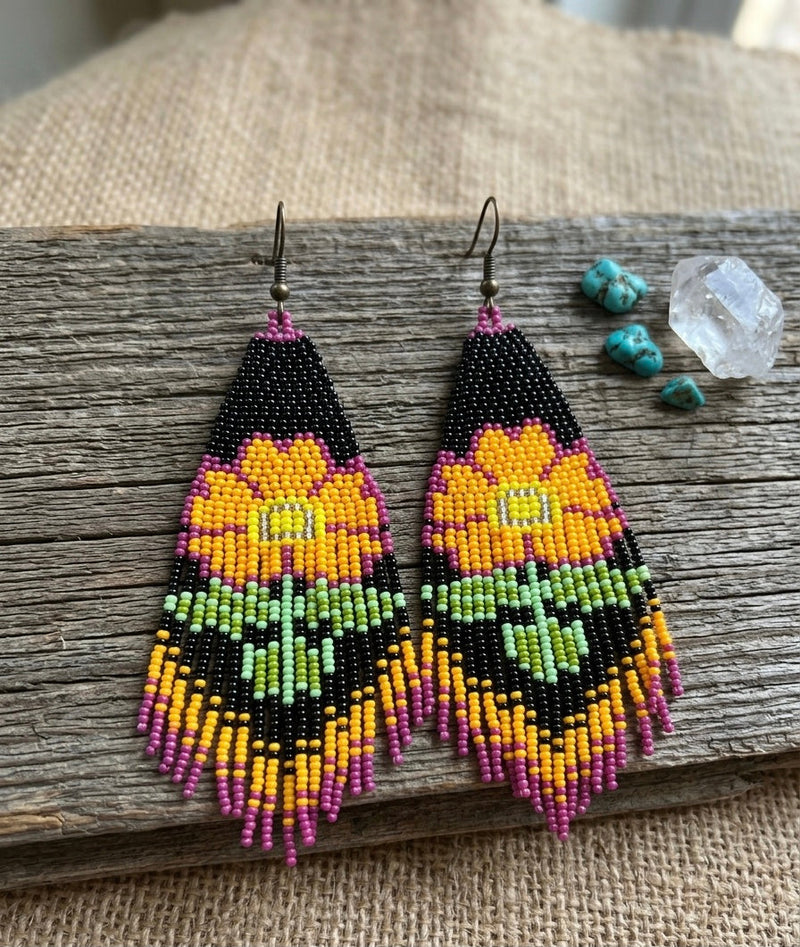 Flower Beaded Earrings ( Yellow )-7