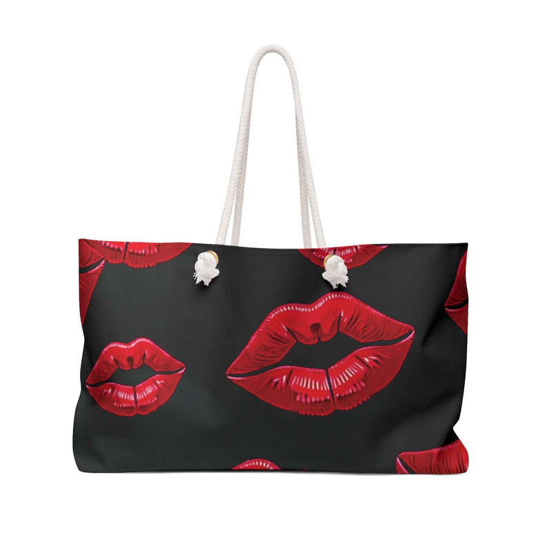 Red Lip Print Weekender Bag | Bold Kiss Pattern, Black Background-1