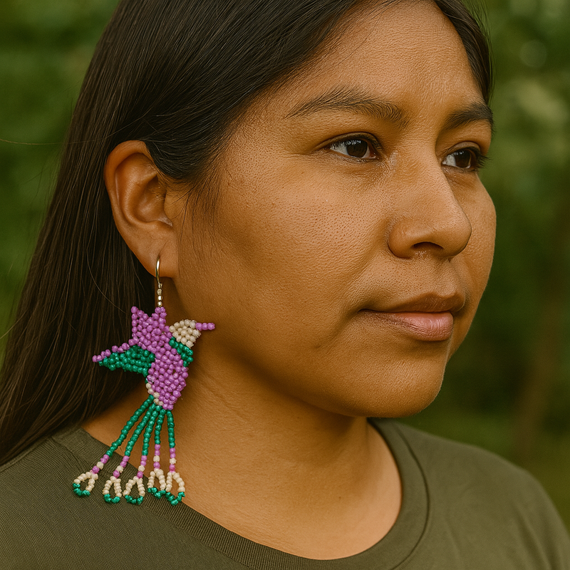 Handmade Beaded Hummingbird Earrings – Purple & Turquoise-1