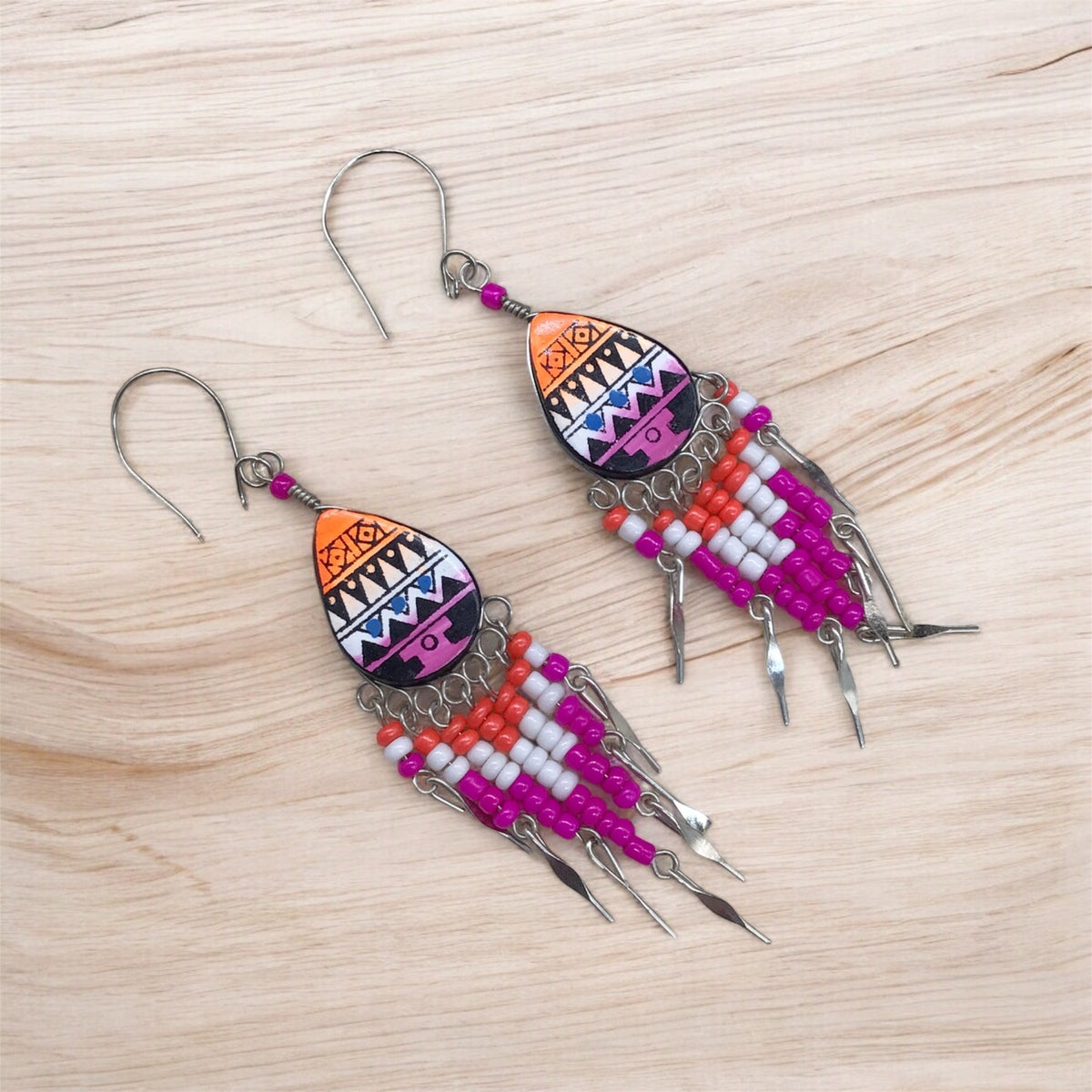 Small Sized Southwestern Pink and Yellow Teardrop Earrings