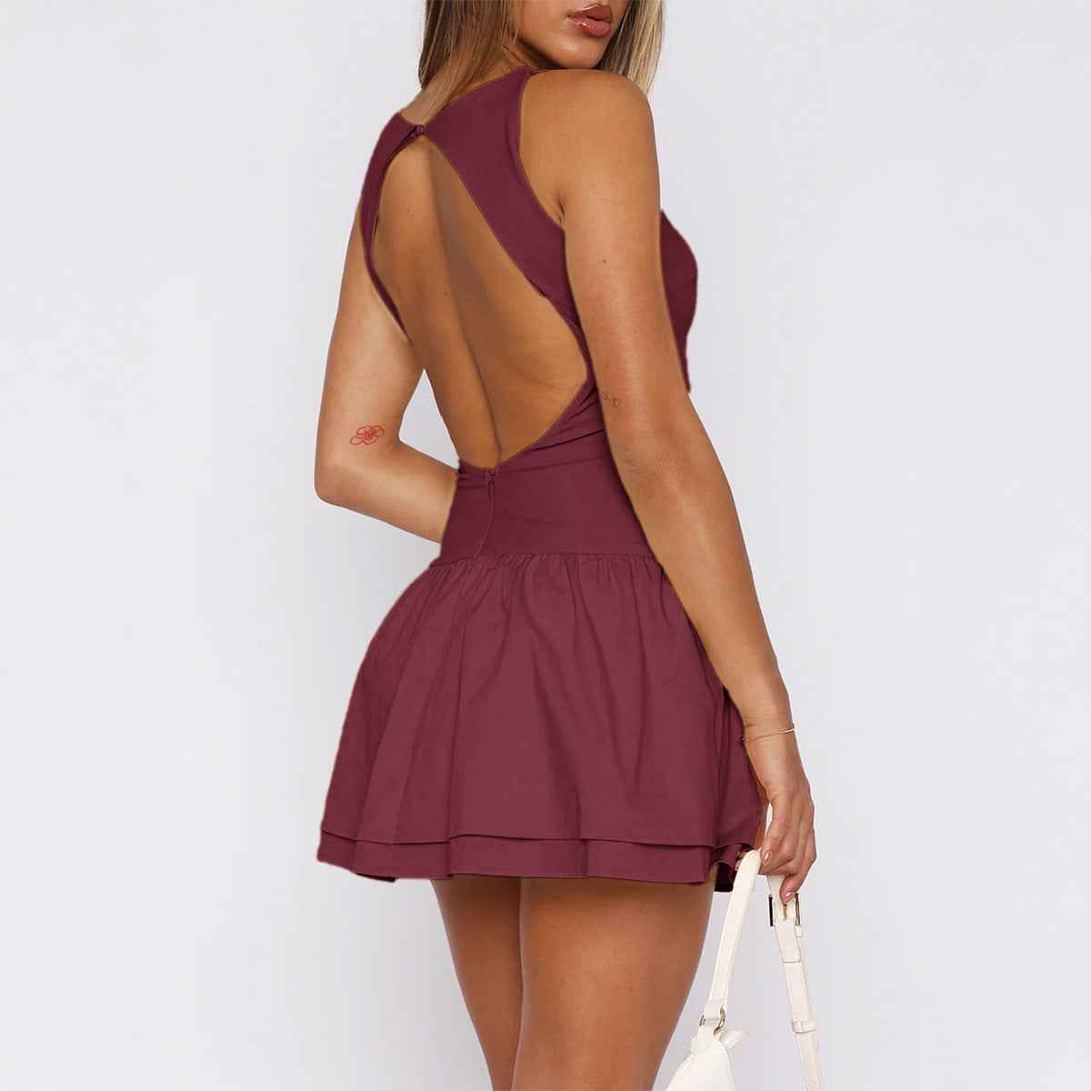 Elegant & Graceful Solid-Color Short Skirt Dress-3