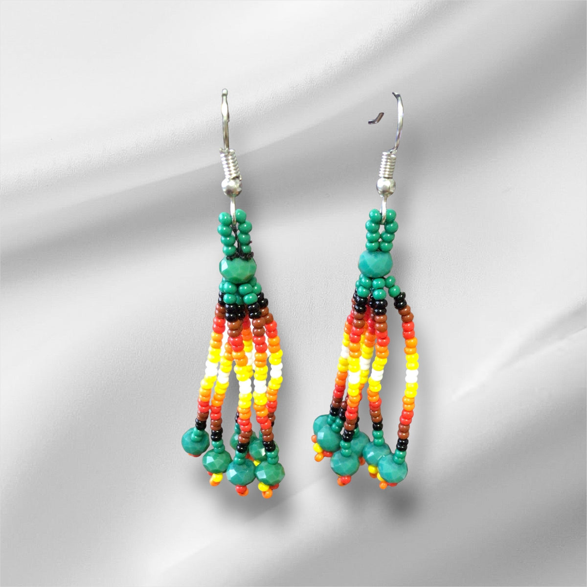 Green Six-Strand Beaded Cascade Earrings-1