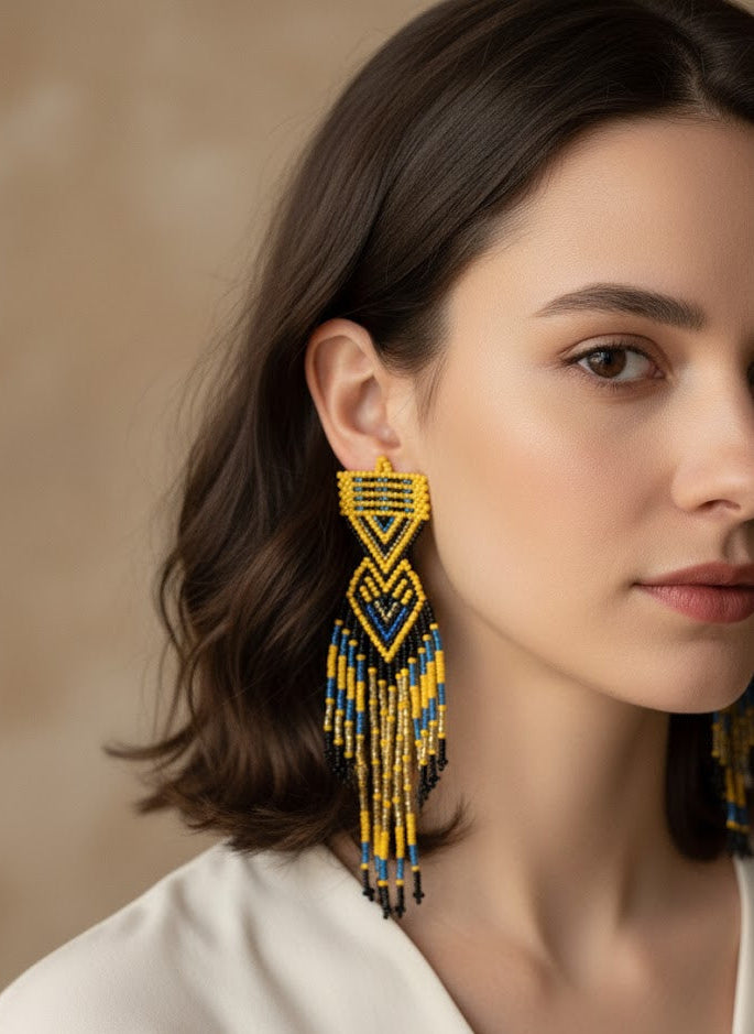 Yellow and Black Sunset Path Beaded Earrings-2