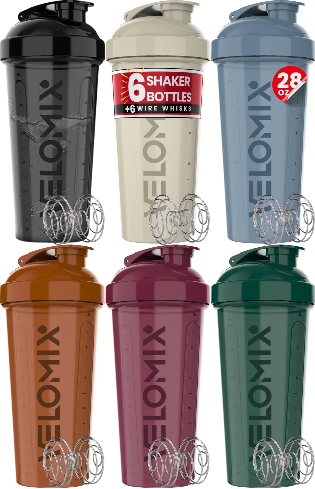 -6 PACK- Shaker Cups for Protein Shakes 28 oz - 6x Wire Whisk | Leak Proof Protein Shaker Bottle for Protein Shakes, Shaker Bottle Pack for Pre & Post Workout, Shaker Cup, Shaker Bottle(Multicolor)