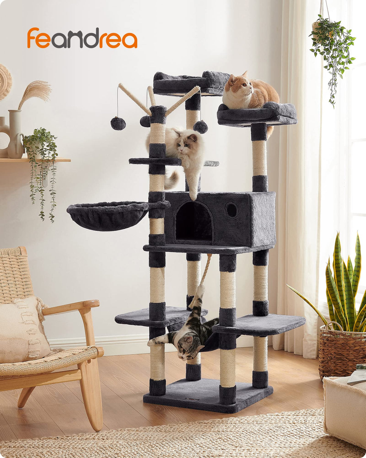 FEANDREA Cat Tree, Large Cat Tower, 64.6 Inches Cat Activity Center